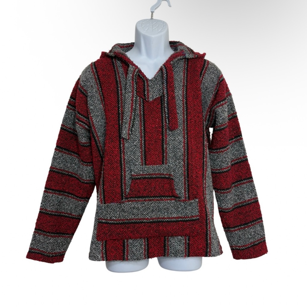 Artesanias Mickey Authentic Mexican Baja Red and Gray Knit Hoodie Sweater SzM